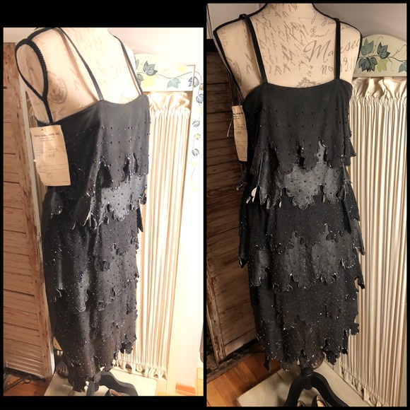 FIRM-SZ-M LEATHER/sequin BOUTIQUE FLAPPER DRESS - Picture 7 of 8